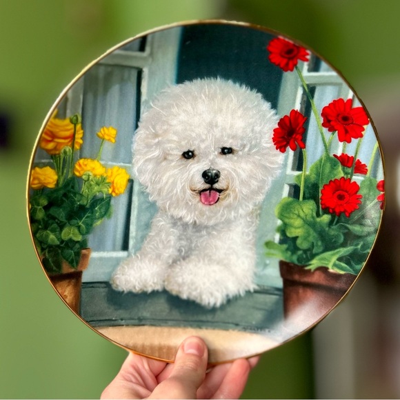 Danbury Mint Other - VTG Vibrant Floral Cottagecore Bichon Frise Porch Still Life Portrait Plate